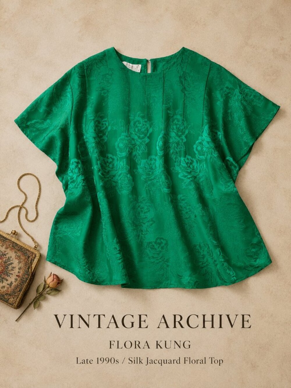 Flora Kung Emerald Green Silk Jacquard Floral Blouse Top 12
